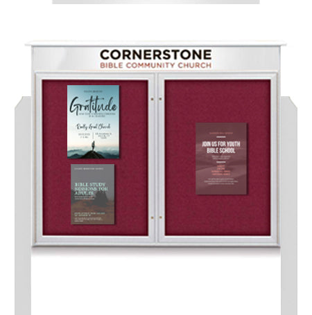 60" x 24" 2-Door Cork Board Message Center with Header and Posts (Image Not to Scale)