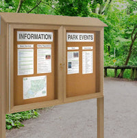 Outdoor Message Center Cork Board with Posts | 2 Door Cabinet 12+ Sizes + Eco-Friendly 6 Faux Wood Finishes