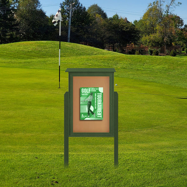27" x 40" Outdoor Message Center Cork Board | LEFT Hinged - Single Door with Posts Information Board