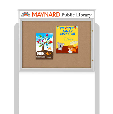 Eco-Design 20" x 30" Outdoor Message Center with Bulletin Board + Message Header | Free-Standing Faux Wood Cabinet with Posts