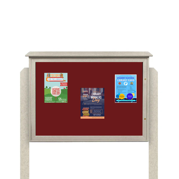 Eco-Design Outdoor Message Center 24"x 48" with Posts | Single Door Information Cork Bulletin Board - Faux Wood Cabinet in Six Finishes