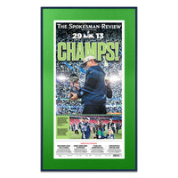 Seattle Seahawks Superbowl 60 Newspaper Metal Display Frame | Shown with Indigo frame finish and Irish Green matboard