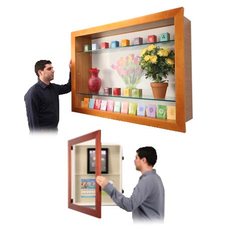 WIDE WOOD Framed Shadow Box Display Case with Glass Shelves | 45" x 69" Interior Cabinet 3" Deep