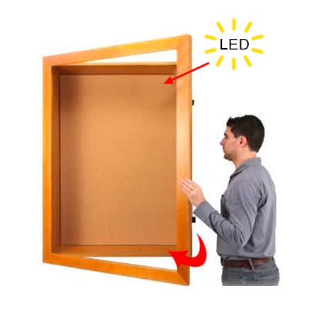 LED Lighted 7" Deep Shadow Box Display Cases with Cork Board and Large Bold Wide Wood SwingFrame in 25+Sizes and 7 Finishes