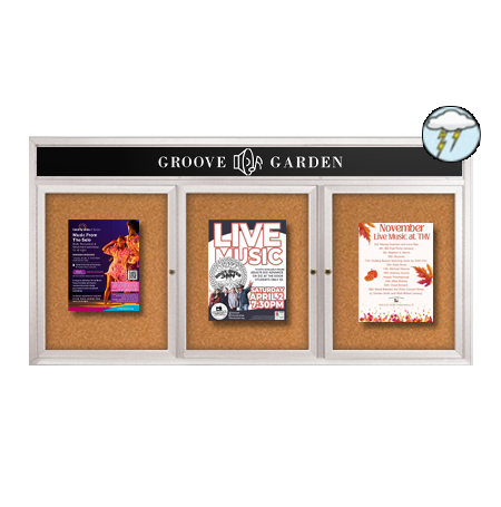 Enclosed Outdoor Bulletin Boards 84" x 30" with Message Header (3 DOOR)