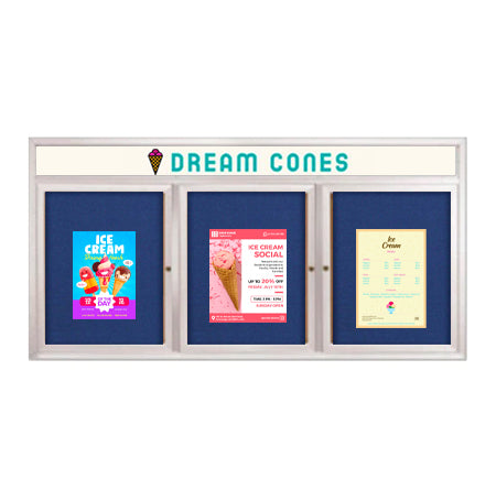 Indoor Enclosed Bulletin Boards 72 x 30 with Rounded Corners 3 Doors & Personalized Header