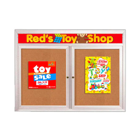 Indoor Enclosed Bulletin Boards 84 x 24 with Rounded Corners 2 Doors & Personalized Header