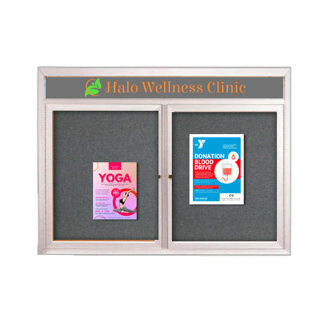 Indoor Enclosed Bulletin Boards 84 x 48 with Rounded Corners 2 Doors & Personalized Header