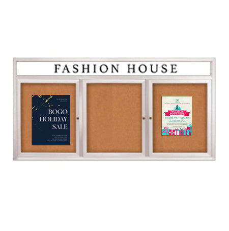 Indoor Enclosed Bulletin Boards 96 x 24 with Rounded Corners 3 Doors & Personalized Header
