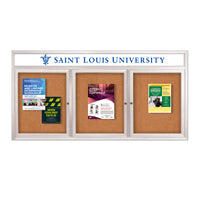 Enclosed Bulletin Board 96 x 30 with Message Header, 3 Door Display Case with Rounded Corners | Cork Board | 4 Metal Cabinet Finishes