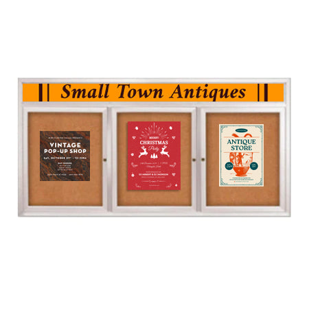 Indoor Enclosed Bulletin Boards 96 x 36 with Rounded Corners 3 Doors & Personalized Header