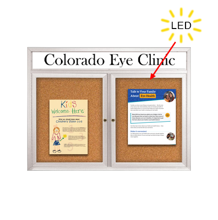 Enclosed Indoor Bulletin Boards 72 x 24 with Header & Lights (Radius Edge) (2 DOORS)