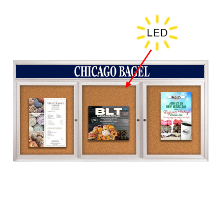 Enclosed Indoor Bulletin Boards 72 x 30 with Header & Lights (Radius Edge) (3 DOORS)