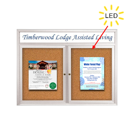 Enclosed Indoor Bulletin Boards 84 x 30 with Header & Lights (Radius Edge) (2 DOORS)