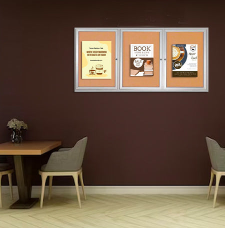 Enclosed Indoor Bulletin Boards 96 x 30 with Interior Lighting and Radius Edge (3 DOORS)