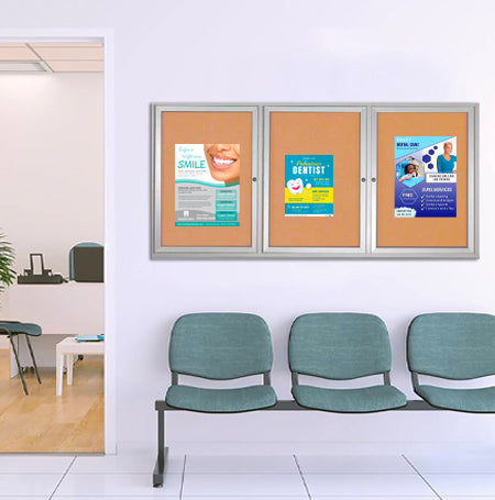 Enclosed Indoor Bulletin Boards 84 x 36 with Interior Lighting and Radius Edge (3 DOORS)