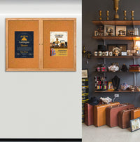 Indoor 48 x 36 Wood Enclosed Bulletin Board with Two Doors - Lockable 2-inch Deep Cabinet in Three Hardwood Finishes