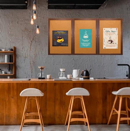 84 x 48  WOOD Indoor Enclosed Bulletin Cork Boards (3 DOORS)