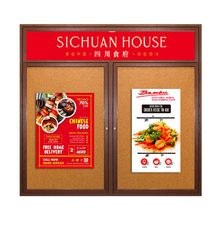 40 x 40 WOOD Indoor Enclosed Bulletin Cork Boards with Message Header (2 DOORS)