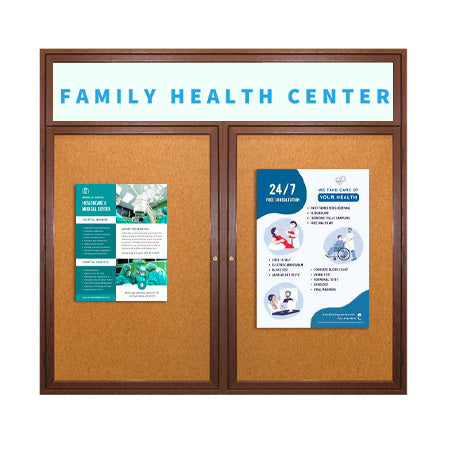 72 x 24 WOOD Indoor Enclosed Bulletin Cork Boards with Message Header (2 DOORS)