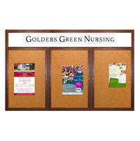 72 x 30 WOOD Indoor Enclosed Bulletin Cork Boards with Message Header (3 DOORS)