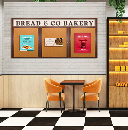84 x 36 WOOD Indoor Enclosed Bulletin Cork Boards with Message Header (3 DOORS)