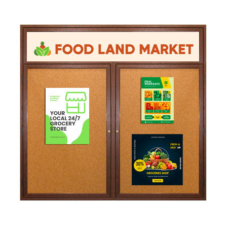 96 x 30 WOOD Indoor Enclosed Bulletin Cork Boards with Message Header (2 DOORS)