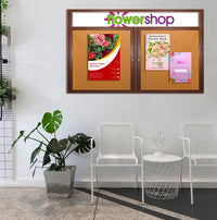 96 x 30 WOOD Indoor Enclosed Bulletin Cork Boards with Message Header (2 DOORS)