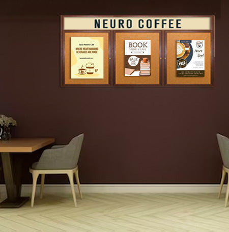 96 x 36 WOOD Indoor Enclosed Bulletin Cork Boards with Message Header (3 DOORS)