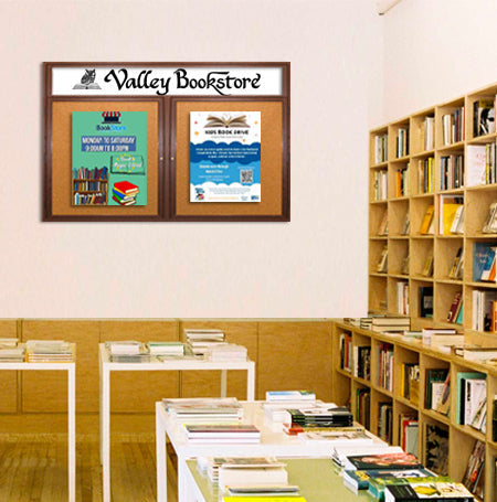 72 x 24 Indoor Wood Enclosed Bulletin Boards with Header & Lights (2 DOORS)