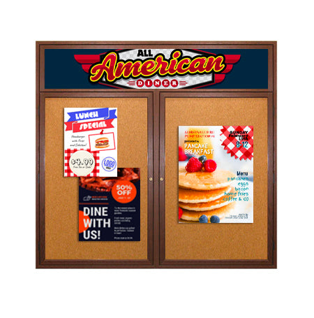 72 x 30 Indoor Wood Enclosed Bulletin Boards with Header & Lights (2 DOORS)