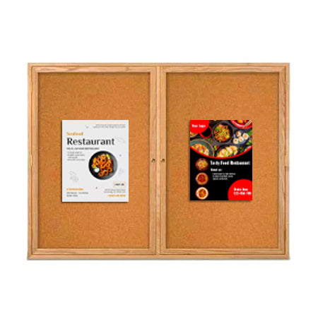 60 x 40 WOOD Indoor Enclosed Bulletin Cork Boards with Interior Lighting (2 DOORS)