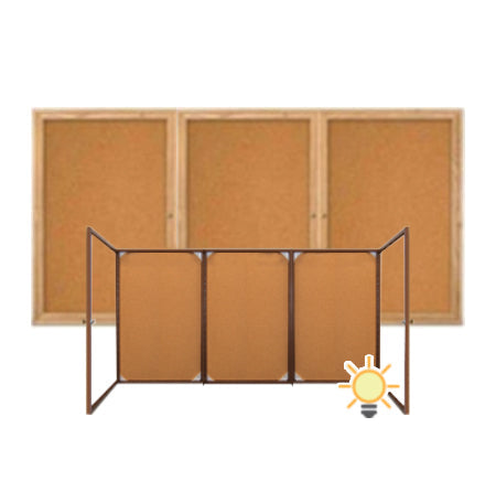 72 x 24 WOOD Indoor Enclosed Bulletin Cork Boards with Interior Lighting (3 DOORS)
