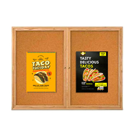 96 x 30 WOOD Indoor Enclosed Bulletin Cork Boards with Interior Lighting (2 DOORS)