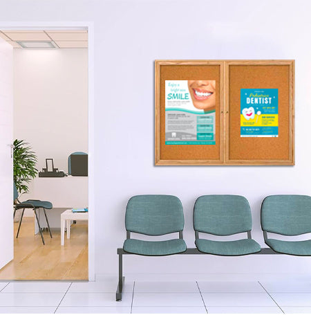 96 x 48 WOOD Indoor Enclosed Bulletin Cork Boards with Interior Lighting (2 DOORS)