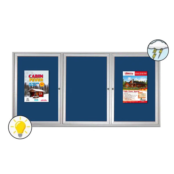 72 x 30 Enclosed Outdoor Bulletin Board Display Case LED Lighted with 3 Door Metal Cabinet in 4 Finishes