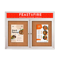 96x30 Outdoor Bulletin Boards with Two Doors + Message Header + Sleek Radius Edge Display Case Corners