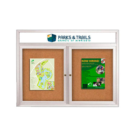 Outdoor Bulletin Boards 48 x 36 with Two-Door Sleek Radius Edge Metal Cabinet + Message Header, LED Light