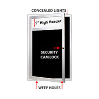 XL Indoor Enclosed Dry Erase Black Markerboard | Radius Edge Cabinet, Header & Light - Black Porcelain on Steel