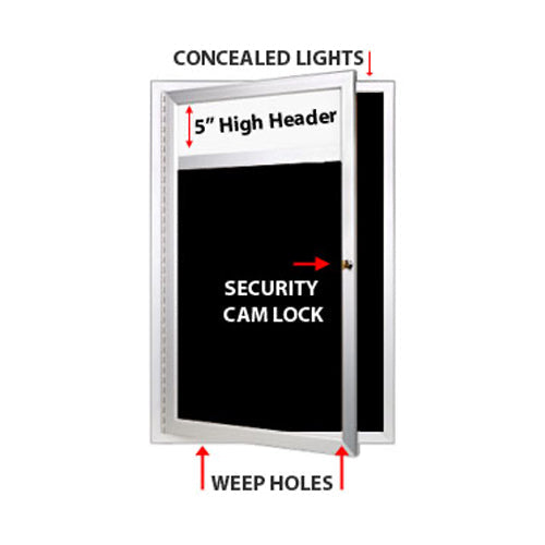 XL Indoor Enclosed Dry Erase Black Markerboard | Radius Edge Cabinet, Header & Light - Black Porcelain on Steel
