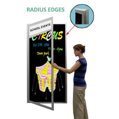 XL Indoor Enclosed Dry Erase Black Markerboard | Radius Edge Cabinet, Header & Light - Black Porcelain on Steel