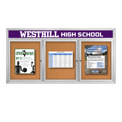 Indoor Enclosed Bulletin Boards 96" x 30" with Message Header (3 DOORS)