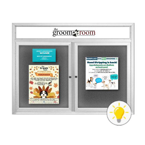 84 x 36 INDOOR Enclosed Bulletin Boards with Header & Lights (2 DOORS)