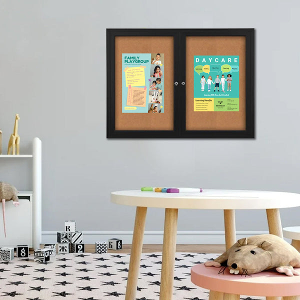 Large Two Door 96x48 Enclosed Indoor Bulletin Board with Smooth Radius Edge Cabinet Corners