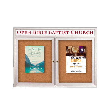 Indoor Enclosed Bulletin Board 40x40 with Message Header and 2 Door Radius Edge Cabinet Corners