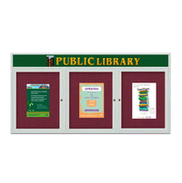 Enclosed Indoor Enclosed Bulletin Boards 72 x 30 w Message Header + Radius Edge 3 DOOR