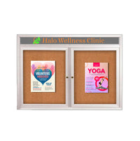 Enclosed Indoor Enclosed Bulletin Boards 72 x 30 w Message Header + Radius Edge 2 DOOR