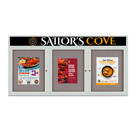 Enclosed Indoor Enclosed Bulletin Boards 72 x 36 w Message Header + Radius Edge 3 DOOR