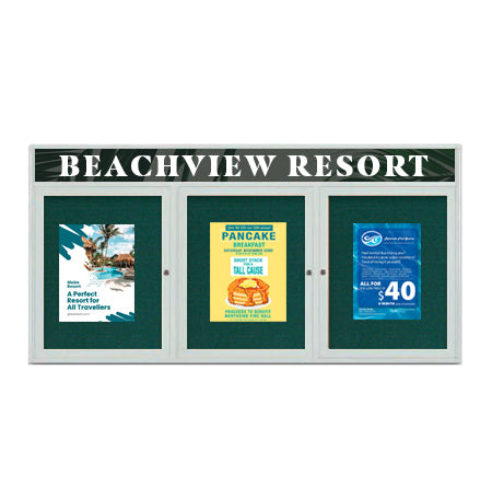 Enclosed Indoor Enclosed Bulletin Boards 72 x 48 w Message Header + Radius Edge 3 DOOR