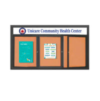 Enclosed Indoor Enclosed Bulletin Boards 84 x 36 w Message Header + Radius Edge 3 DOOR